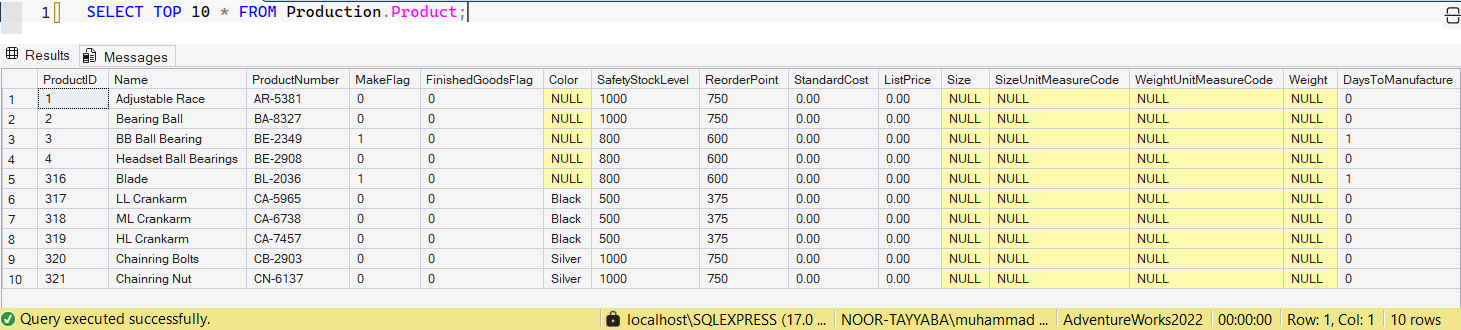 SSMS screenshot: query 1 and its result