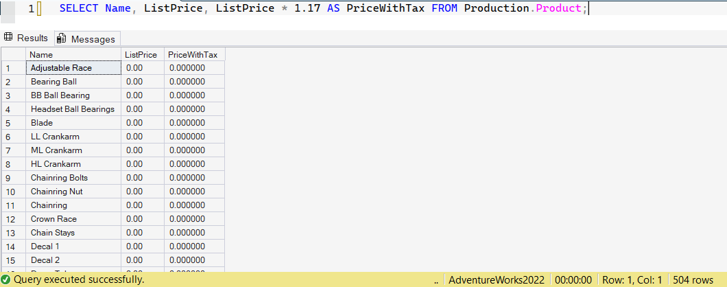 SSMS screenshot: query 14 and its result