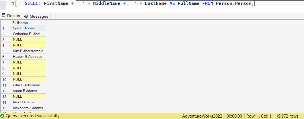 SSMS screenshot: query 16 and its result