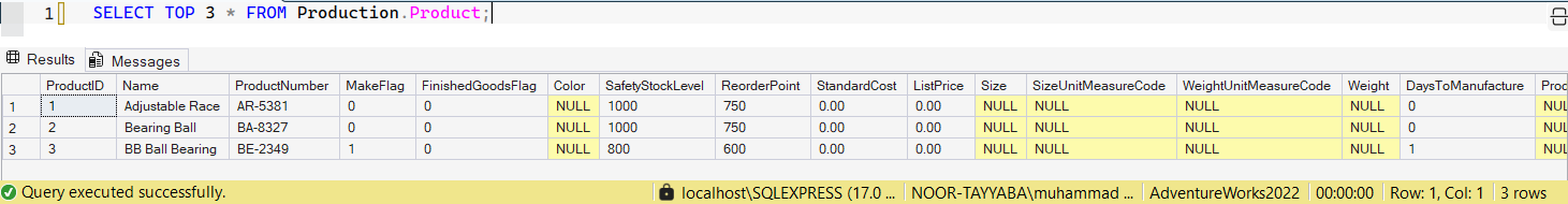 SSMS screenshot: query 18 and its result
