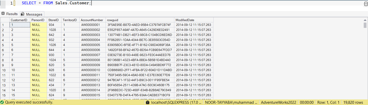 SSMS screenshot: query 2 and its result