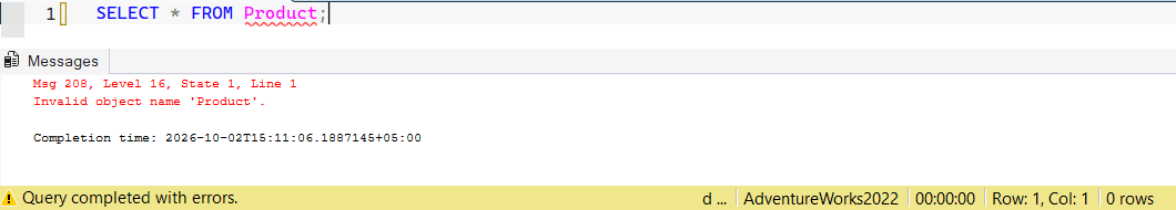 SSMS screenshot: query 22 and its result
