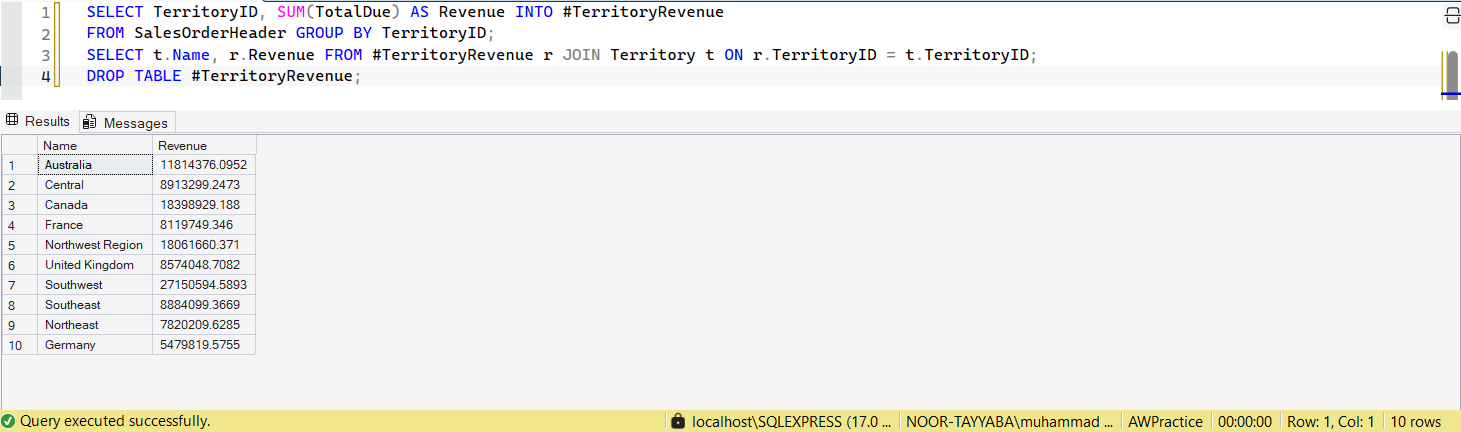 SSMS screenshot: query 10 and its result