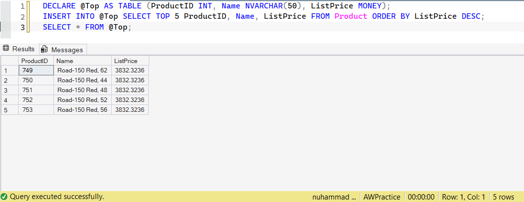 SSMS screenshot: query 11 and its result