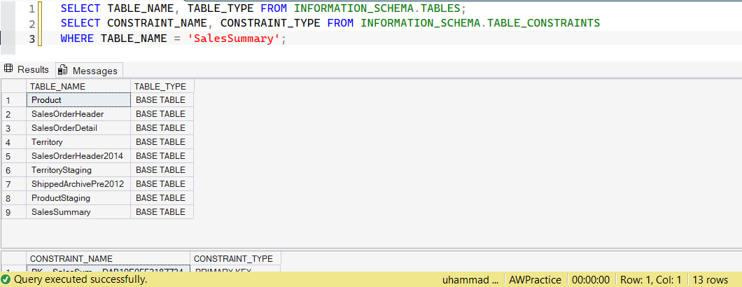 SSMS screenshot: query 12 and its result