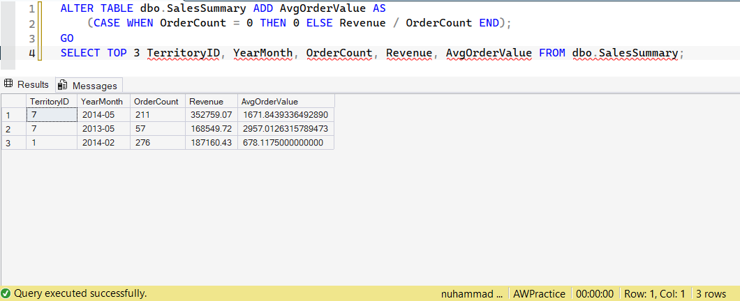 SSMS screenshot: query 13 and its result