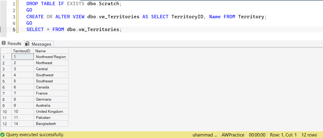 SSMS screenshot: query 16 and its result