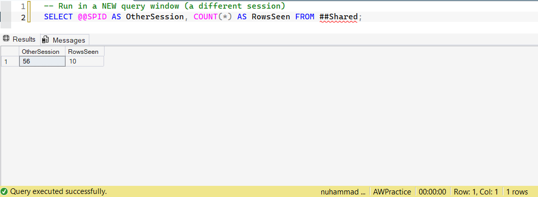 SSMS screenshot: query 18 and its result