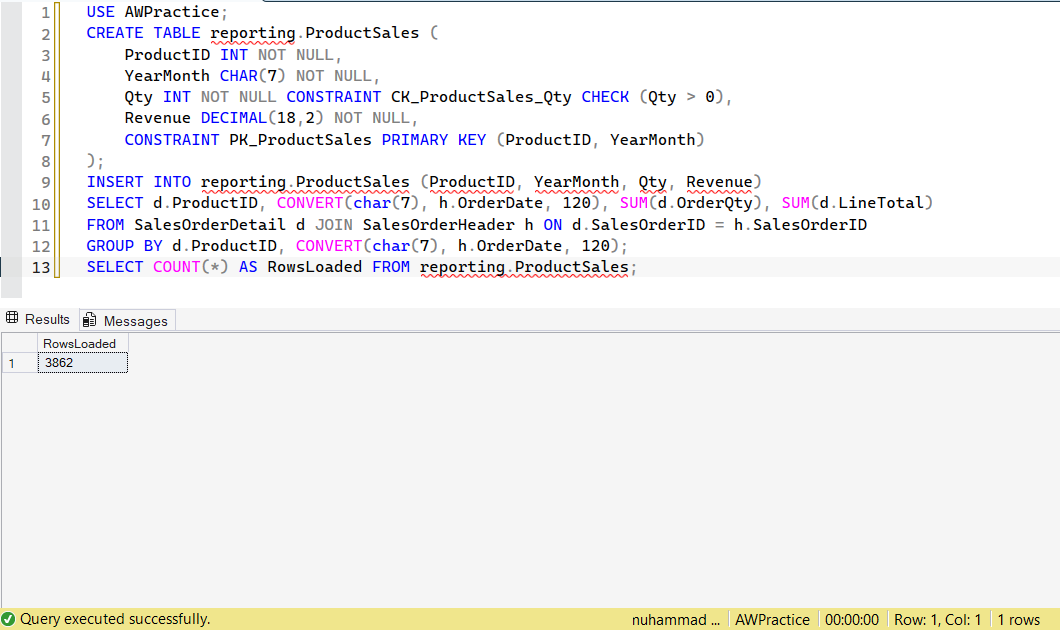 SSMS screenshot: query 19 and its result