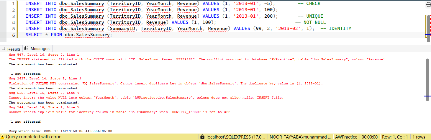 SSMS screenshot: query 2 and its result