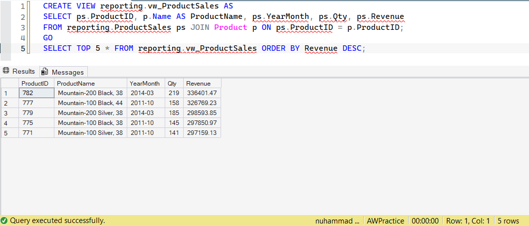 SSMS screenshot: query 20 and its result