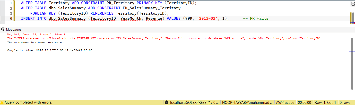 SSMS screenshot: query 3 and its result