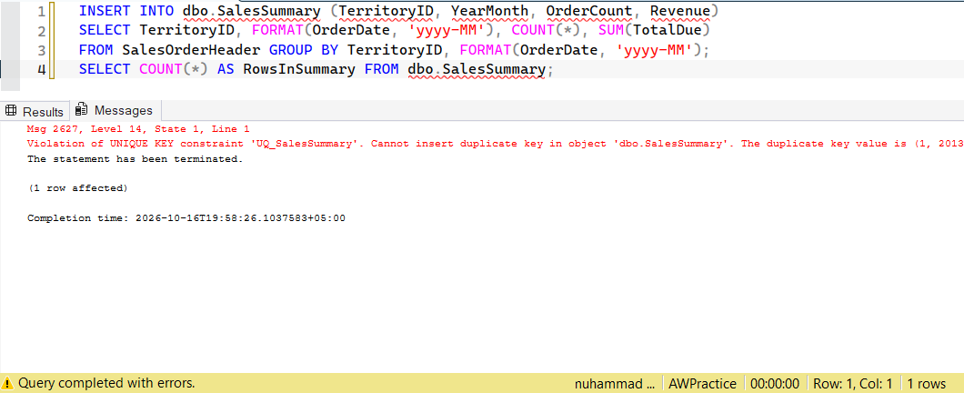 SSMS screenshot: query 6 and its result