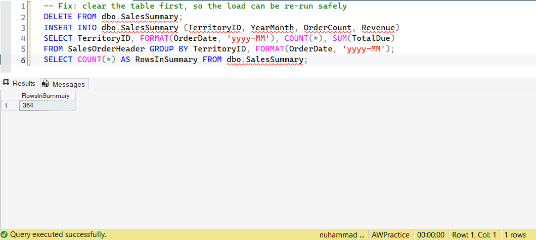 SSMS screenshot: query 7 and its result