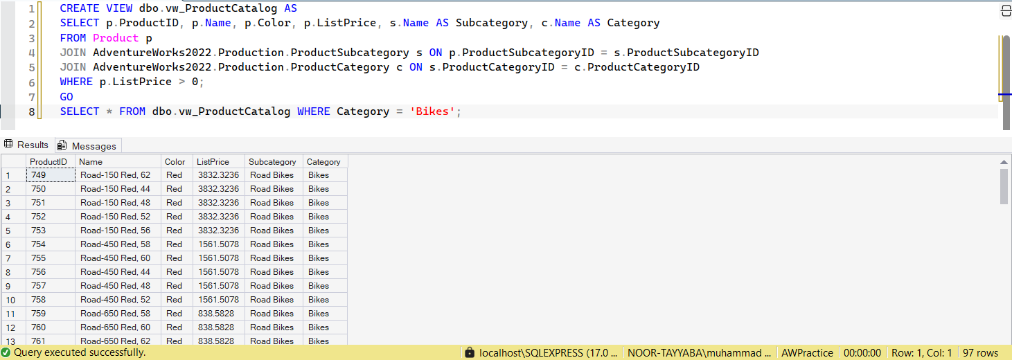 SSMS screenshot: query 8 and its result
