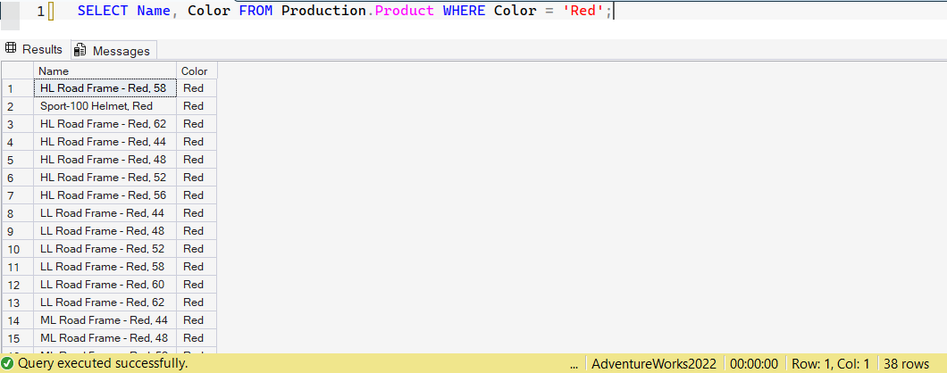SSMS screenshot: query 1 and its result