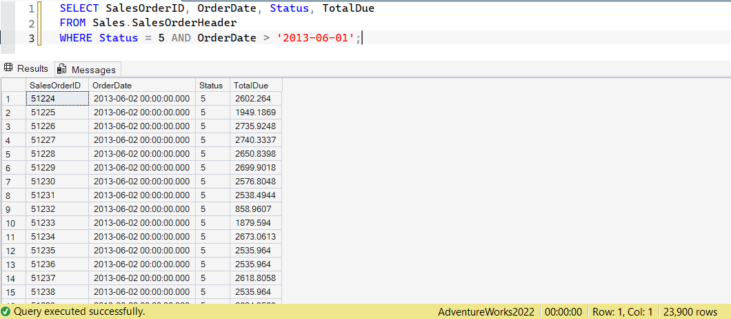 SSMS screenshot: query 13 and its result