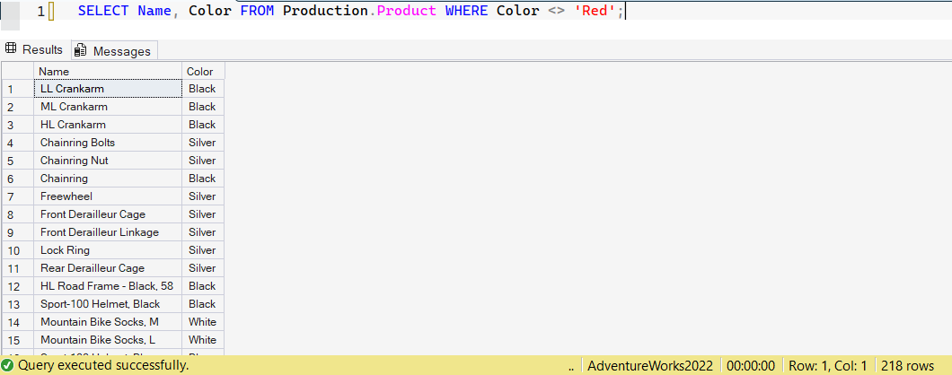 SSMS screenshot: query 2 and its result