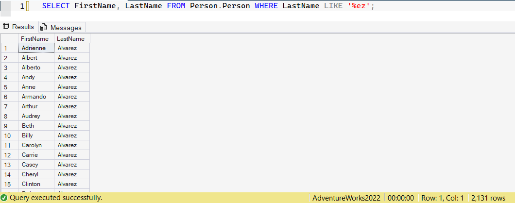 SSMS screenshot: query 42 and its result