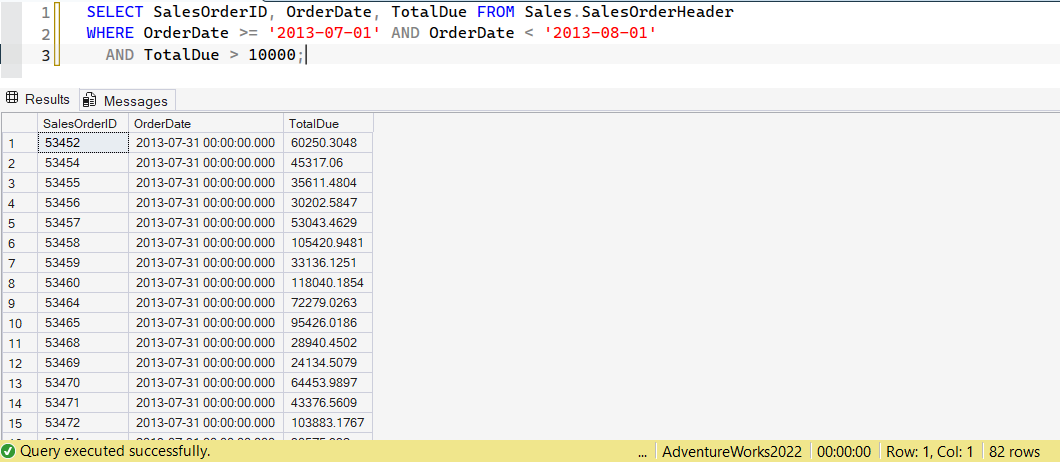 SSMS screenshot: query 43 and its result
