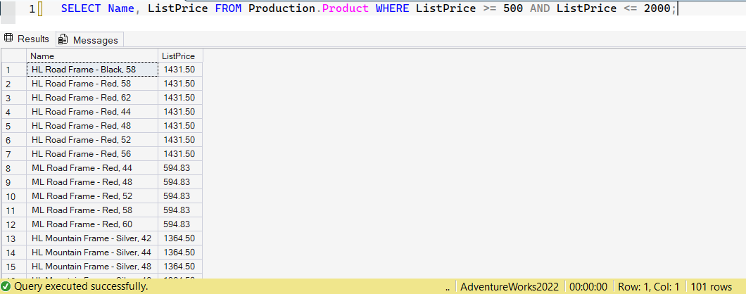 SSMS screenshot: query 9 and its result