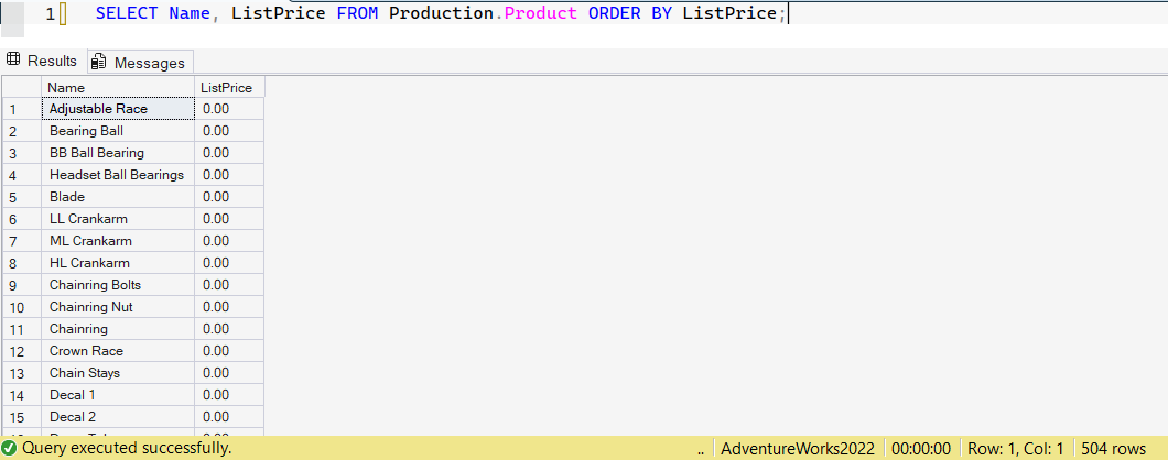 SSMS screenshot: query 1 and its result