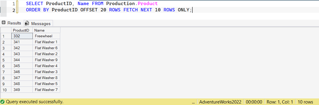 SSMS screenshot: query 10 and its result