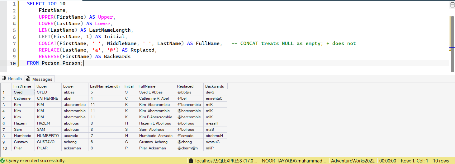 SSMS screenshot: query 19 and its result