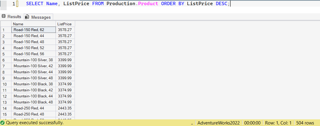 SSMS screenshot: query 2 and its result