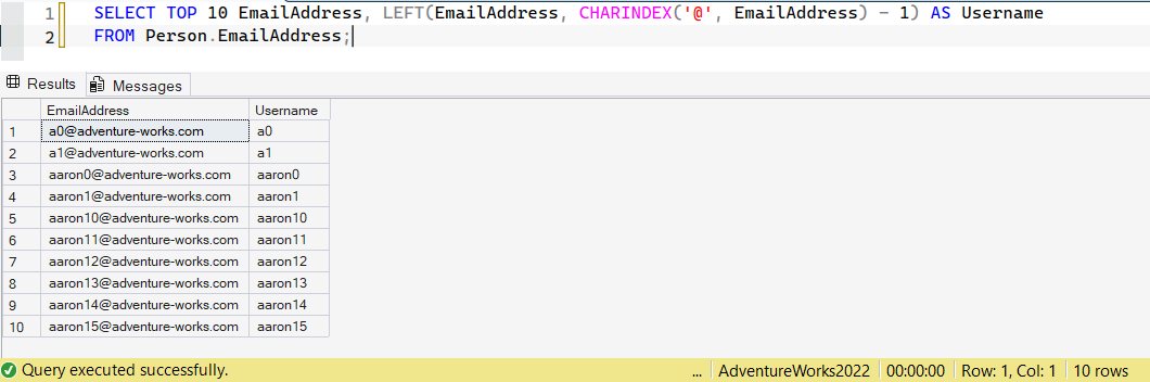SSMS screenshot: query 20 and its result