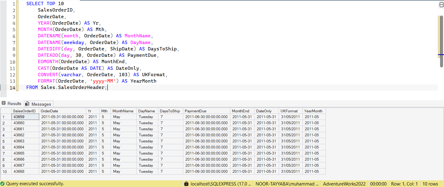 SSMS screenshot: query 22 and its result