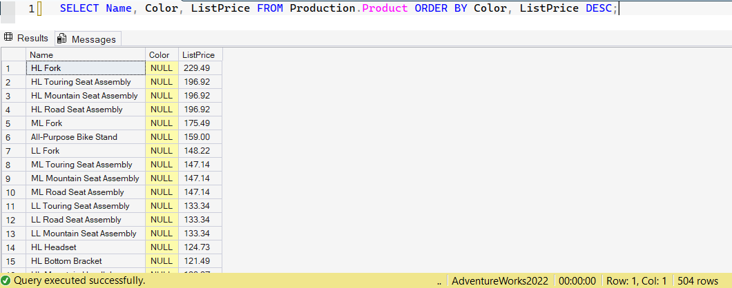 SSMS screenshot: query 3 and its result