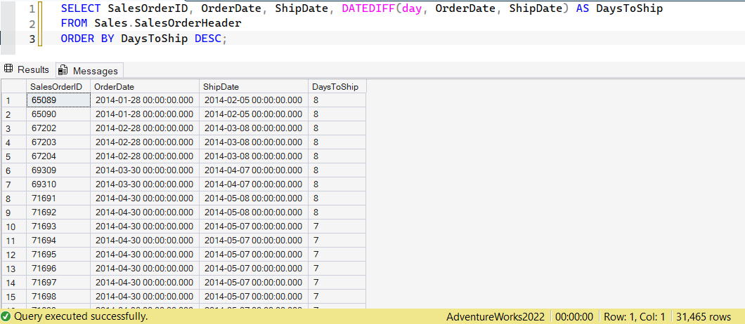 SSMS screenshot: query 31 and its result