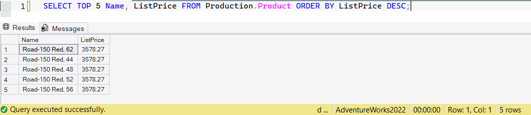 SSMS screenshot: query 5 and its result
