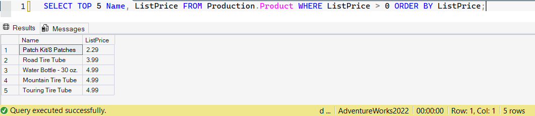 SSMS screenshot: query 6 and its result