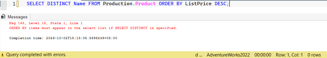 SSMS screenshot: query 8 and its result