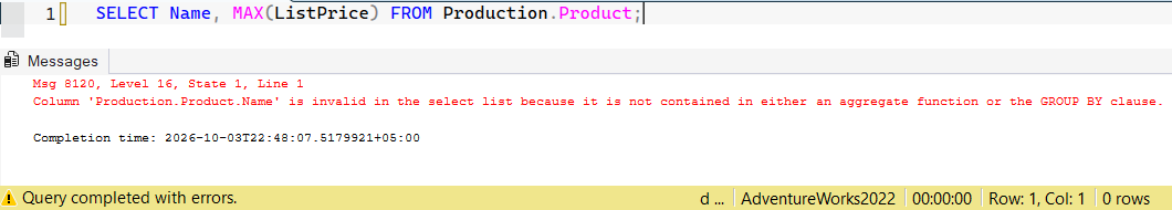 SSMS screenshot: query 18 and its result