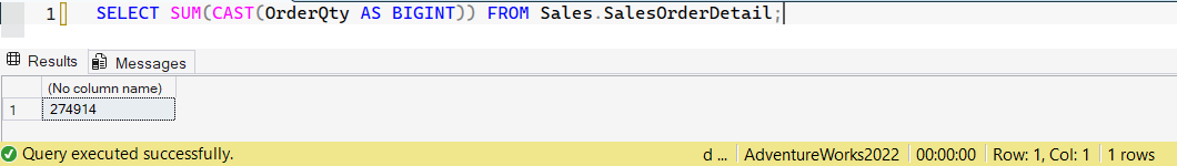 SSMS screenshot: query 22 and its result