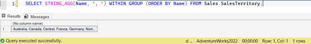 SSMS screenshot: query 23 and its result