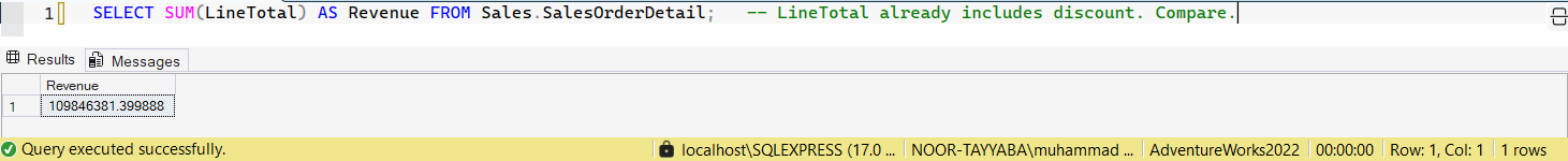 SSMS screenshot: query 6 and its result