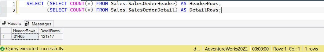 SSMS screenshot: query 1 and its result