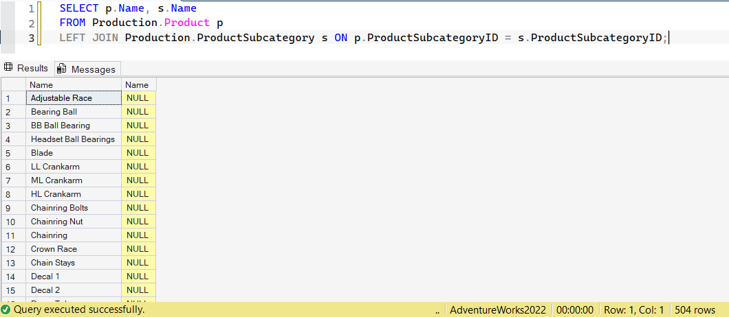 SSMS screenshot: query 10 and its result