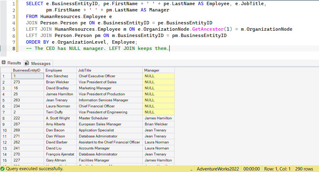 SSMS screenshot: query 12 and its result