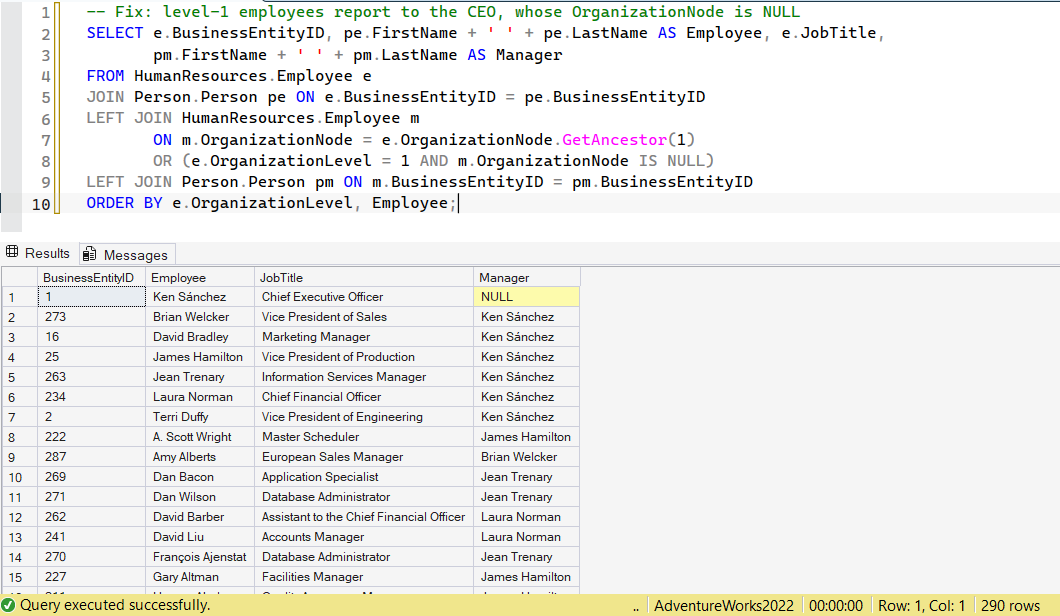 SSMS screenshot: query 13 and its result