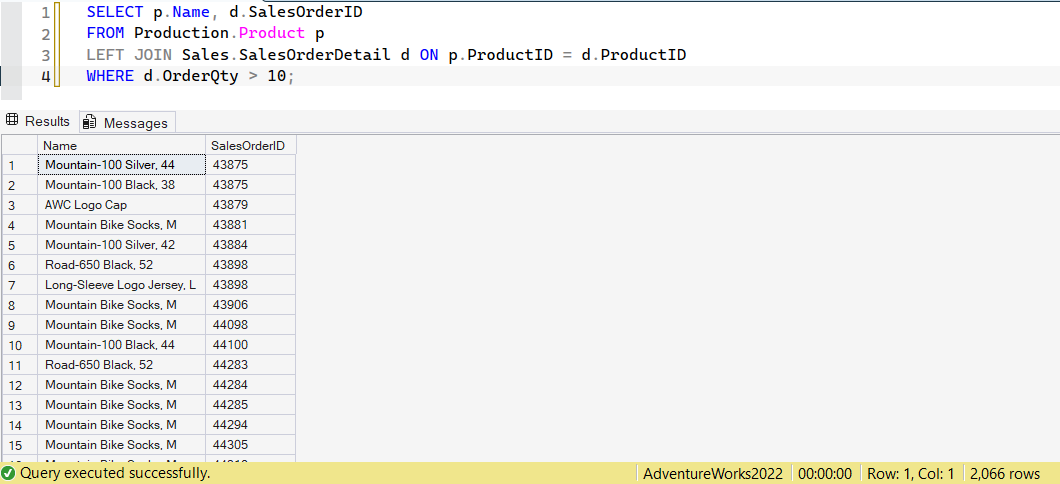 SSMS screenshot: query 15 and its result