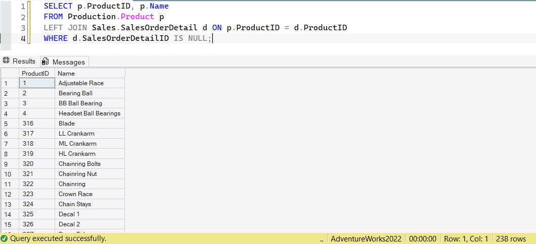 SSMS screenshot: query 16 and its result
