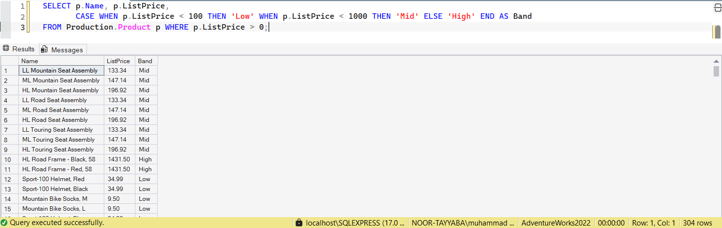 SSMS screenshot: query 18 and its result