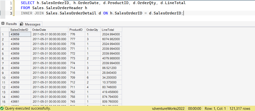 SSMS screenshot: query 2 and its result