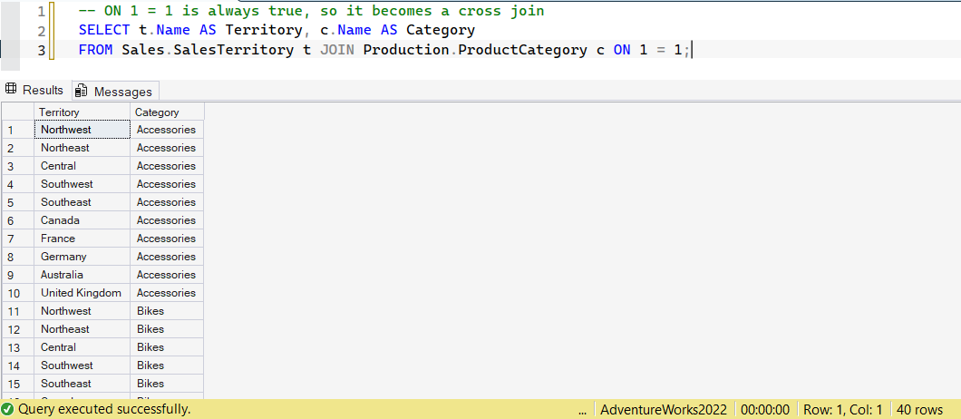SSMS screenshot: query 20 and its result