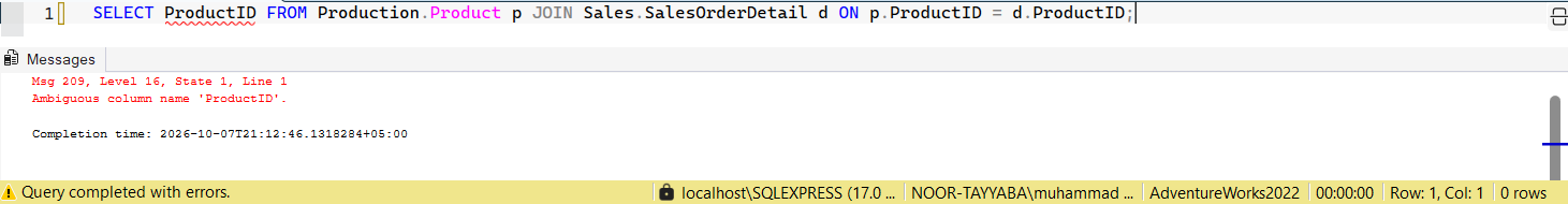 SSMS screenshot: query 22 and its result